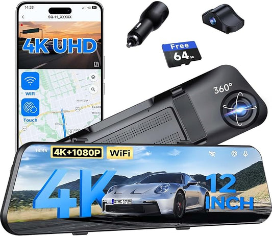 4K Mirror Dash Cam,Rear View Mirror Camera with WiFi,Dash Cam Front and Rear for Car,G-Sensor,7/24H Parking Mode,12" Touch Screen,Includes 64GB Card