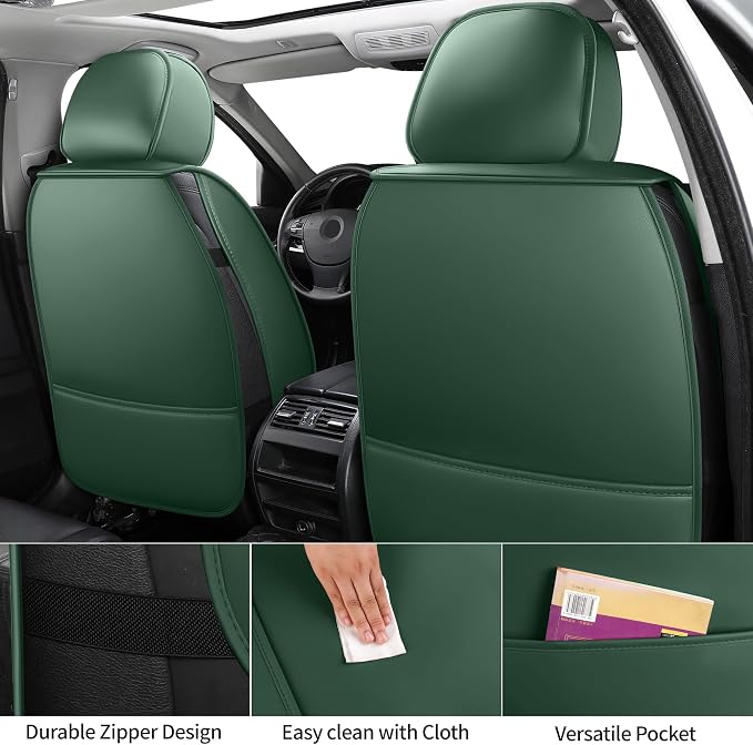 Car Seat Covers Full Set,3D Contoured with Lumbar Support Nappa Leather Automotive Seat Covers for Cars SUV Truck Sedan,Universal Anti-Slip Driver Seat Cover with Backrest Style2 Dark Green
