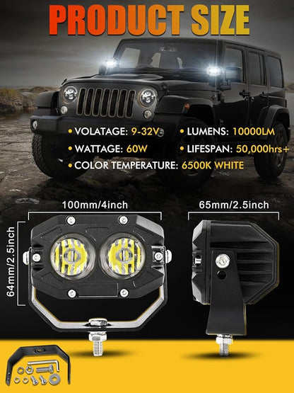 MAYELLO 4Inch LED Pod Lights - 60W White Flood Beam Off Road & Fog Lights with 12D Corrugated Lens, Compatible with Jeep Wrangler, Truck, Pickup, ATV, UTV, SUV, Motor Car, Boat