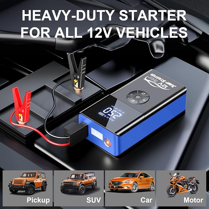 Jump Starter with Air Compressor, 8000A 180PSI, Portable Car Battery Jump Starter (All Gas/12L Diesel) 12V Automobile Jump Box Pack Chargers with Jumper Cables, 4-Mode LED Lights
