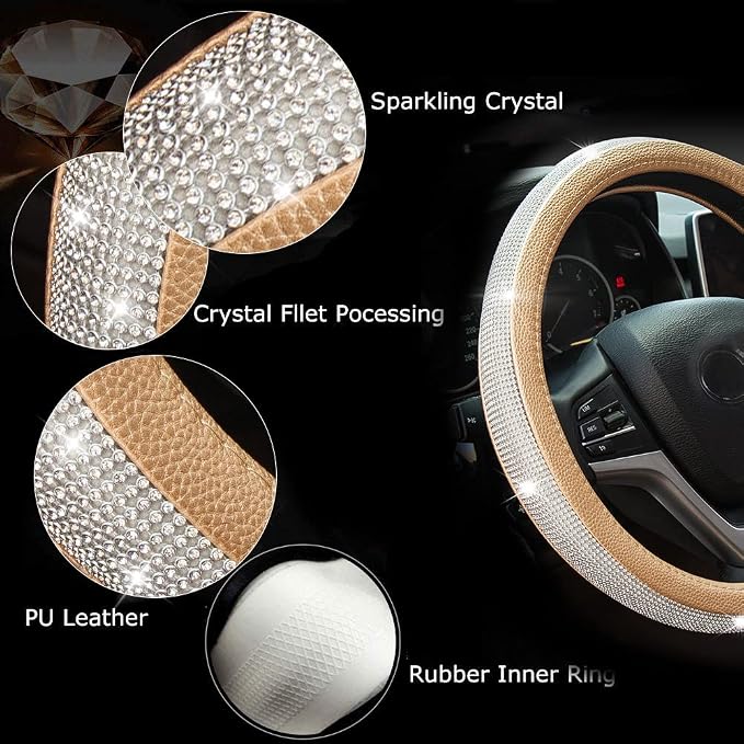 New Diamond Leather Steering Wheel Cover with Bling Bling Crystal Rhinestones, Universal Fit 15 Inch Car Wheel Protector for Women Girls,Gold
