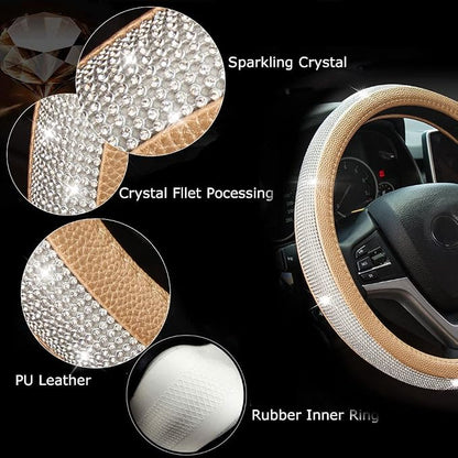 New Diamond Leather Steering Wheel Cover with Bling Bling Crystal Rhinestones, Universal Fit 15 Inch Car Wheel Protector for Women Girls,Gold