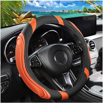 Osilly 15 Inch Car Leather Steering Wheel Cover, Automotive Accessories Elastic Breathable Anti-Slip Soft Wheel Protector Fits Men and Women, Suitable for SUVs, Trucks, Vehicles and RVs (Orange)