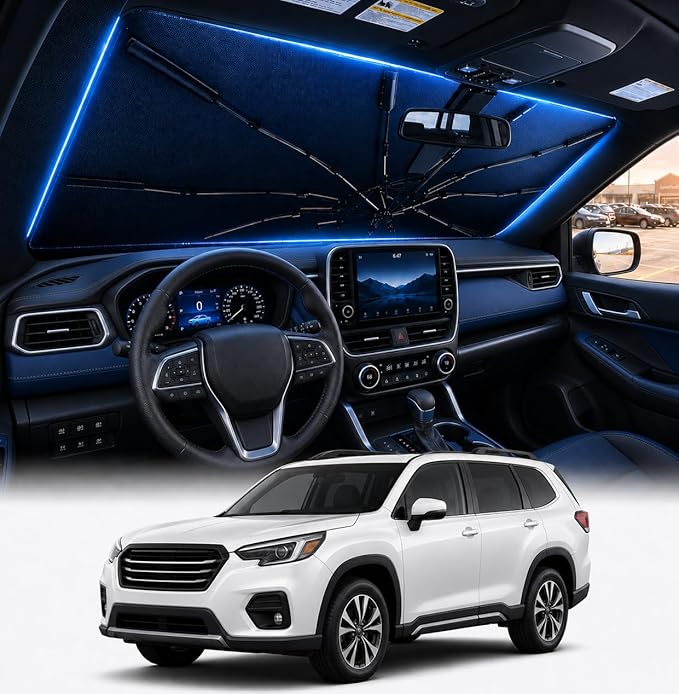 [2026 Upgraded] DooGooCoo Windshield Sun Shade Umbrella for Subaru Forester 2019-2025 2026 [100% Sunlight Blocked, Cooling Ice Crystal] Sunshade for Car Windshield for Forester Sun Shade.