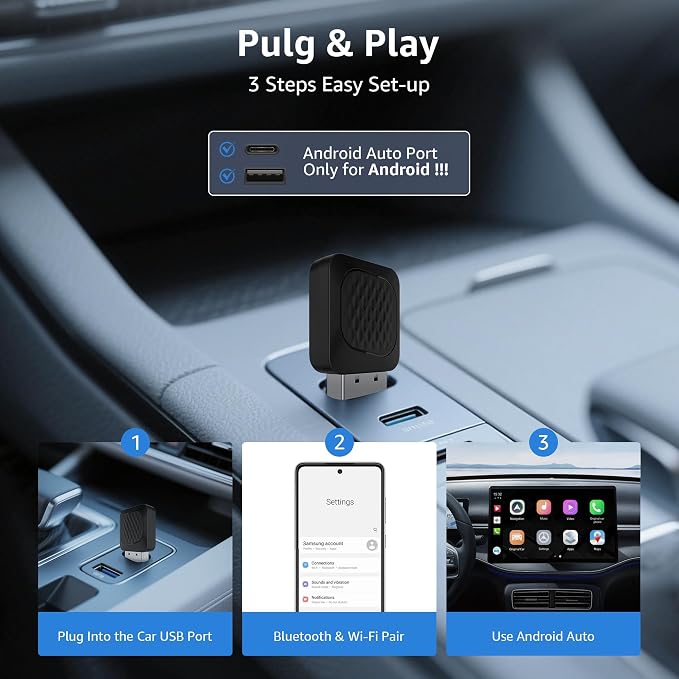 Ayake Wireless Android Auto Adapter, Smallest Mini Edition, Converts Wired to Wireless Android Auto, Plug & Play Adapter, Compact Design for Android 11+ with USB/USB-C Port