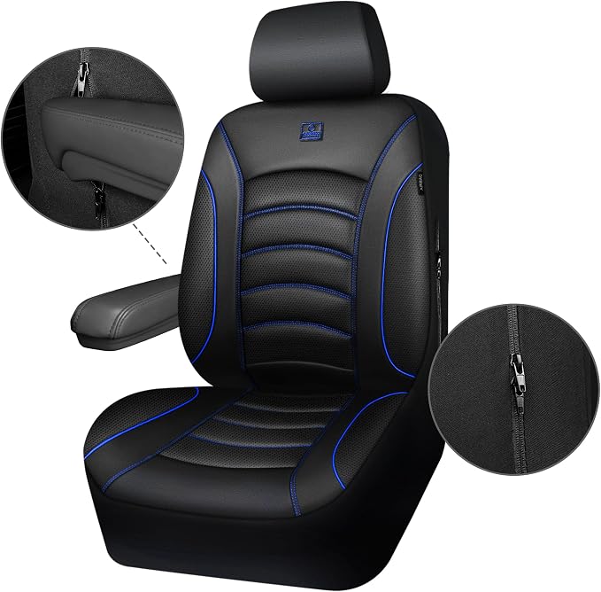 CAR PASS 3D Foam PU Leather Car Seat Covers, Universal Seat Covers Front 2 for Trucks SUV Sedan Automotive Seat Covers Armrest Airbag Compatible Waterproof Comfortable Faux Nappa Leather Black Blue