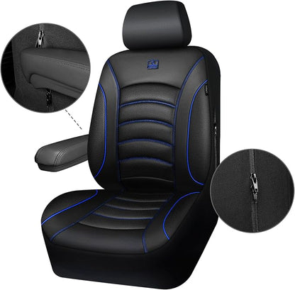 CAR PASS 3D Foam PU Leather Car Seat Covers, Universal Seat Covers Front 2 for Trucks SUV Sedan Automotive Seat Covers Armrest Airbag Compatible Waterproof Comfortable Faux Nappa Leather Black Blue