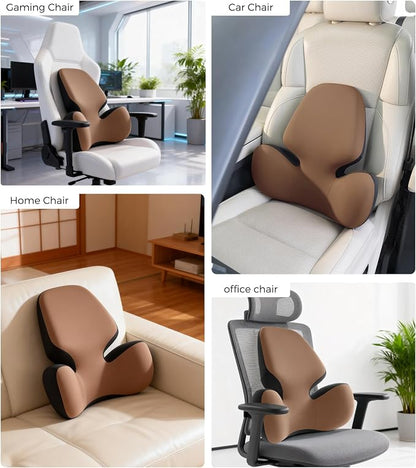 BEBAS Lumbar Support Pillow for Office Chair - Ergonomic Memory Foam Back Cushion for Lower Back Pain Relief - Washable & Breathable Cover - Fits Car Seats, Gaming Chairs & Wheelchairs (Brown)