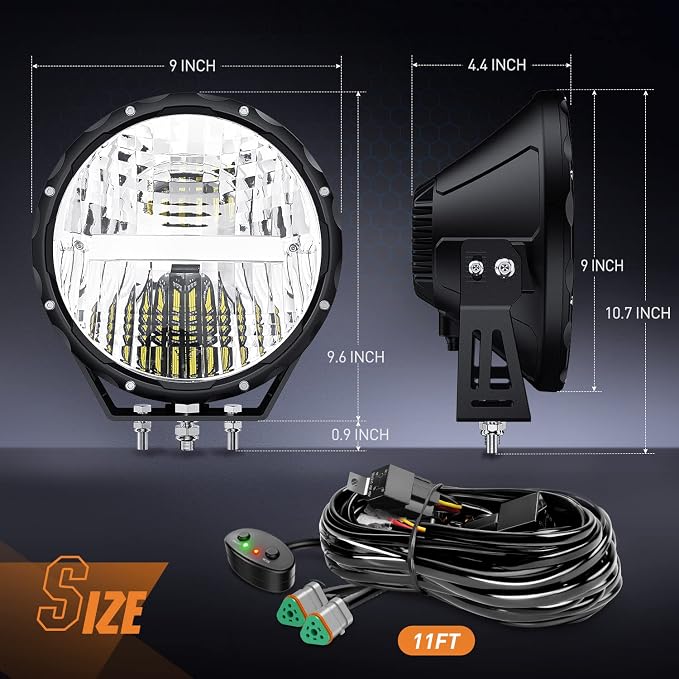Nilight 9 Inch Round Offroad Light 2 PCS 120W High Low Beam IP68 LED Driving Lights Pods Built-in EMC with 14AWG DT Connector Wiring Harness Kit for Truck ATV UTV SUV