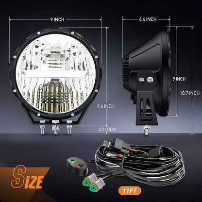 Nilight 9 Inch Round Offroad Light 2 PCS 120W High Low Beam IP68 LED Driving Lights Pods Built-in EMC with 14AWG DT Connector Wiring Harness Kit for Truck ATV UTV SUV