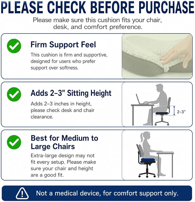 Seat Cushion for Tailbone Pain Relief, Firm Support Won't Flatten, Adds 2–3" Height, X-Large Cushion for Long Sitting, Office Chair, Car Seat & Work from Home (Blue)