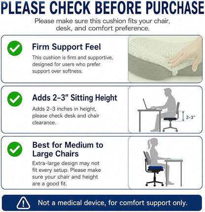 Seat Cushion for Tailbone Pain Relief, Firm Support Won't Flatten, Adds 2–3" Height, X-Large Cushion for Long Sitting, Office Chair, Car Seat & Work from Home (Blue)