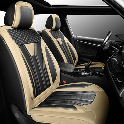 Fit Wagoneer Car Seat Covers for Jeep Wagoneer 2022-2025 2026 -Full Set Premium Leather, Waterproof & Breathable，All-Weather Seat Cushion Protecto & Airbag Compatible, 2 Front Seat Beige&Black