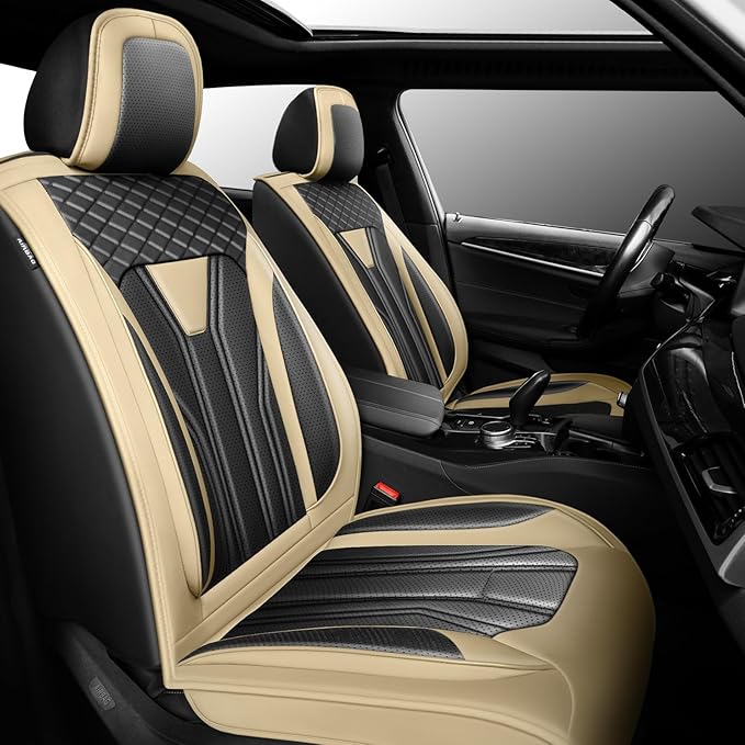 Fit Patriot Car Seat Covers for Jeep Patriot 5 Seats 2007-2016 2017 -Premium Leather, Waterproof & Breathable，All-Weather Seat Cushion Protecto & Airbag Compatible, 2 Front Seat Beige & Black