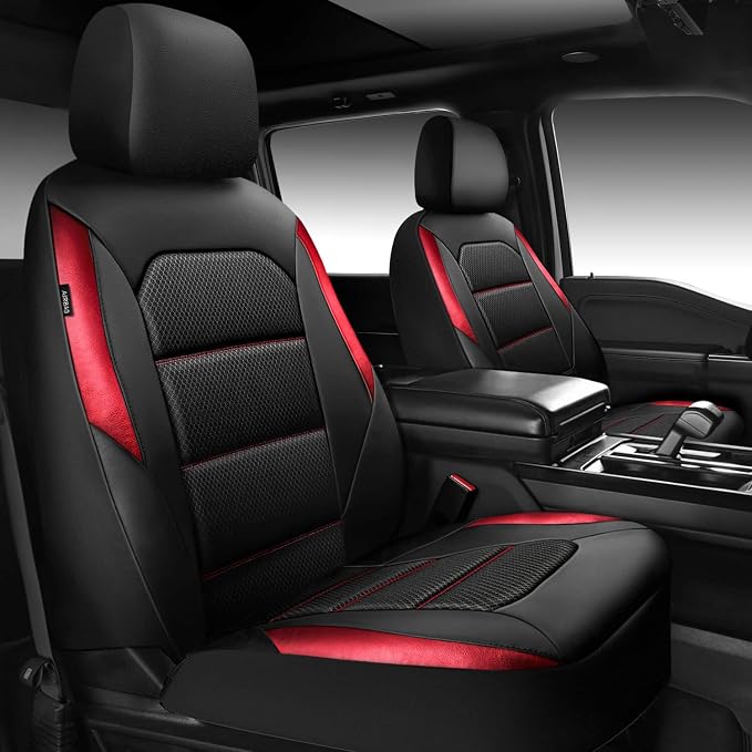CAR PASS Memory Foam Leather Seat Covers,Air Cool Mesh Thick Car Seat Covers Front Seats Red Leather Seat Covers for Cars Universal for SUVs Trucks,Airbag Compatible Comfort Durable,Black Red Metal