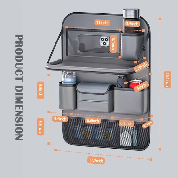 Waterproof PU Leather Car Seat Back Organizer with Foldable Tray Table, Backseat Organizer with Tablet Holder, Cup Holder, Tissue Holder and Kick Mat for SUV Sedan Minivan, Gray