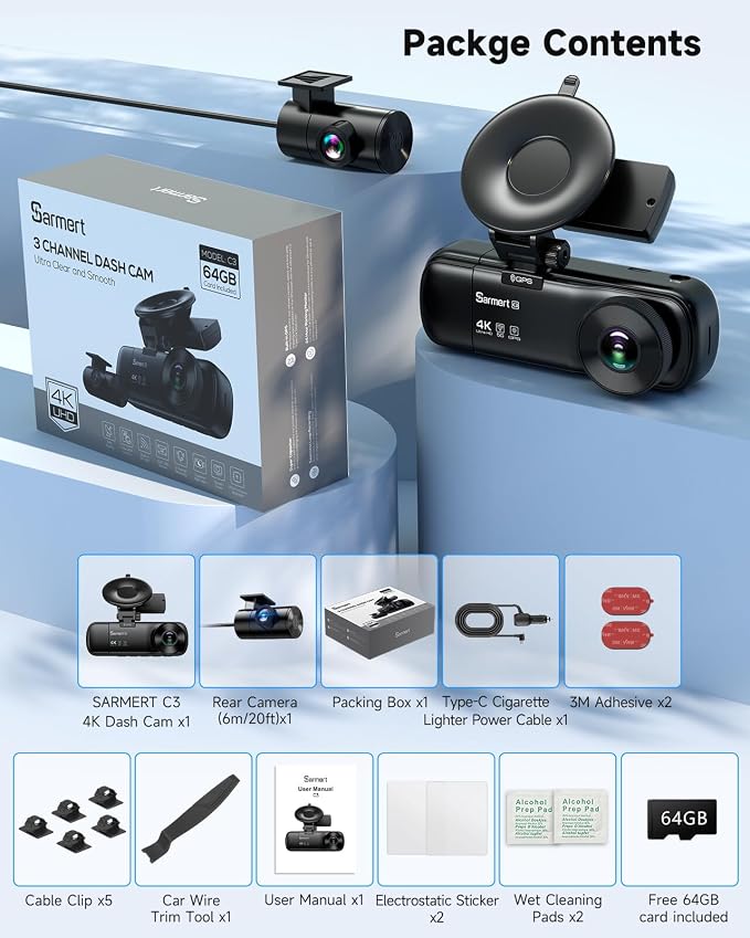 SARMERT 4K 3 Channel Dash Cam, Dash Cam Front and Rear C3, Free 64GB Card, 4K+1080P+1080P Dashcam, G-Sensor, WDR, APP, 5G WiFi, Night Vision, 24H Parking Monitor