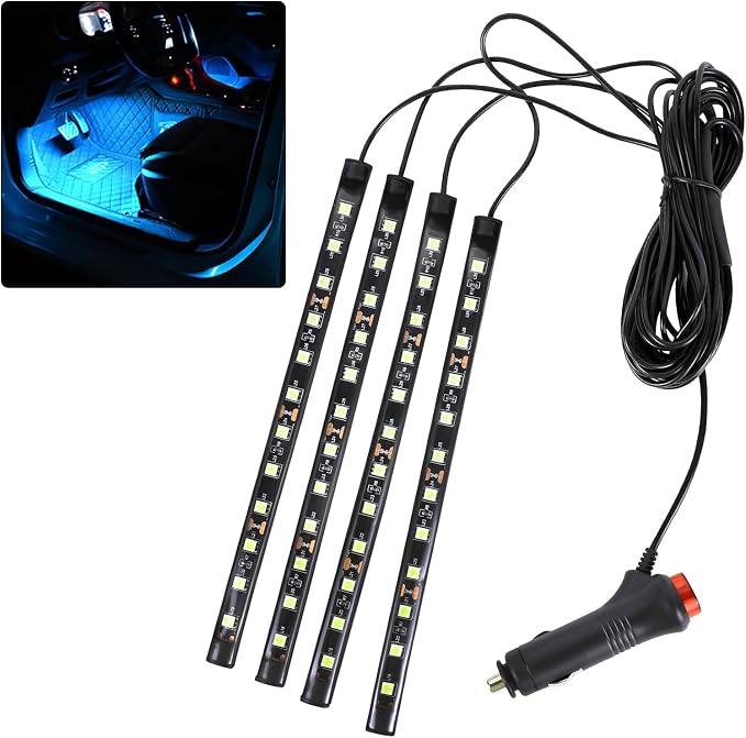 Car LED Strip Light, 12V 48 LED Interior Atmosphere Lights Under Dash Ambient Night Light, Auto Interior Decorative Lamp with Cigarette Adapter Plug,Car Accessories(Ice Blue,Cigarette Lighter)
