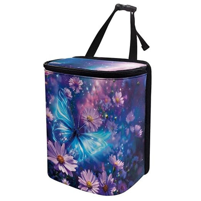 Talayituse Butterfly Daisy Floral Print Car Trash Can with Lid, Leak Proof Auto Trash Bag Hanging Vehicle Garbage Can Multipurpose Storage Container for Back Seat Road Trip