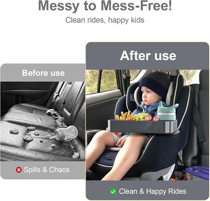 Car Seat Snack Tray for Toddlers - 3 Inch Cup Holder Fits Most Sippy Cups & Straw Bottles with Dip Well, Mess-Free Square Kids Travel Tray Road Trip Essentials, Dark Grey