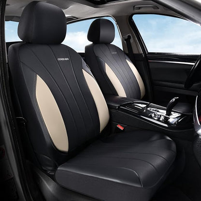 Coverado Car Seat Covers Full Set, 5 Seats Waterproof Nappa Leather Automotive Seat Protectors, Front & Rear Luxury Mesh Seat Covers, All-Weather Universal Fit for Most Cars SUVs, Trucks,Beige&Black