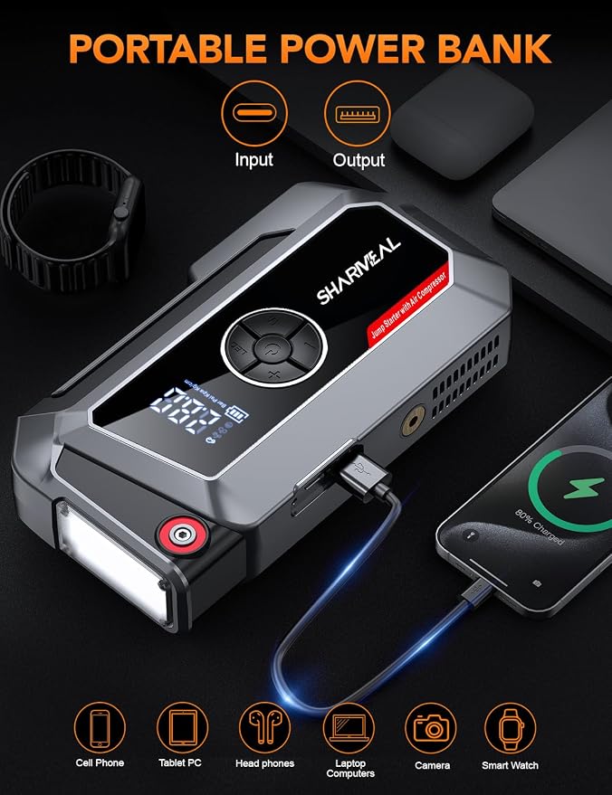 Sharmeal Jump Starter with Air Compressor, 7000A Car Battery Jump Starter (All Gas /12.0L Diesel), 200PSI Jump Starter Power Pack Portable 12V Jump Box with Jumper Cables, LED Light