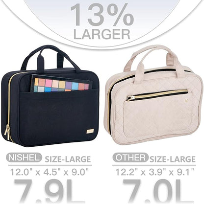 NISHEL Travel Toiletry Bag for women, Portable Hanging Organizer for Full-Sized Shampoo, Conditioner, Brushes Set, Makeup Accessories, Large Size, Black