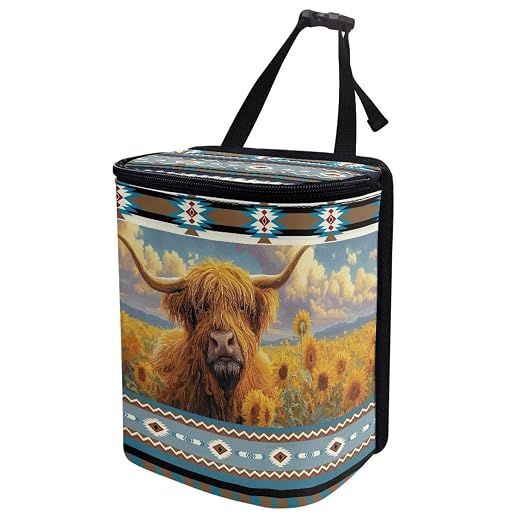 Talayituse Aztec Highland Cattle American Tribal Print Car Trash Can, Auto Garbage Bin with Adjustable Straps, Foldable Car Trash Bin Hanging Storage Organizer Bag Container for Camping Picnic