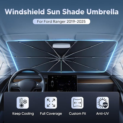 Autorder Windshield Sun Shade Umbrella for 2019-2025 Ford Ranger Accessories,Upgraded Ice Crystal Material,Easy Setup Umbrella Sunshade for Car Windshield,100% Sun Blocking