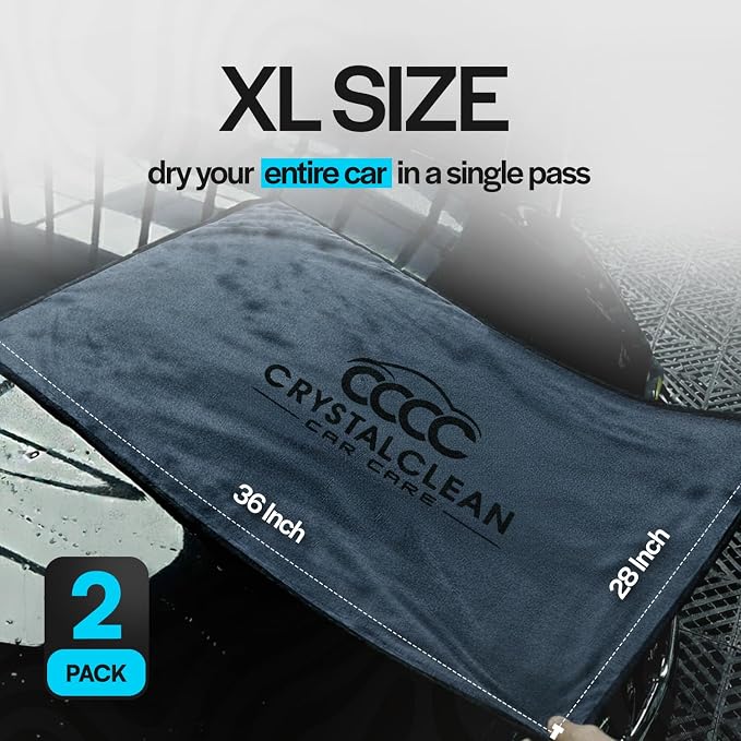 Crystal Clean Single-Sided Pack of 2 XL (28x36) Car Drying Towel – Korean Microfiber Towel with Double Twisted Loop, Professional Drying Towel for Car Detailing - Quick Dry, Paint Safe & Swirl-Free