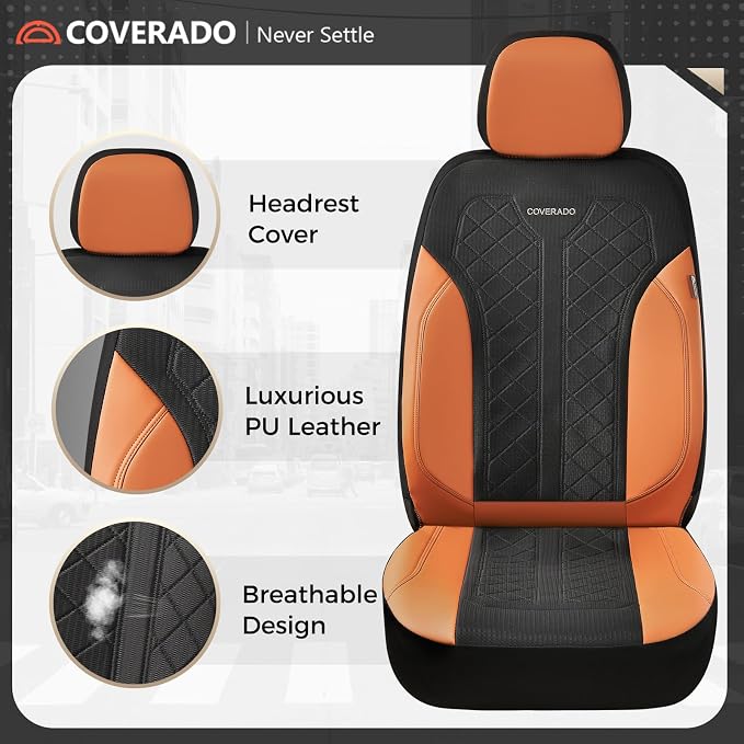 Coverado Seat Covers Front Seats, Leather Automotive Seat Covers 2-Pack, Mesh Breathable Auto Seat Protectors, Driver Seat Covers Universal Fit for SUV, Truck, Vans, Sedan