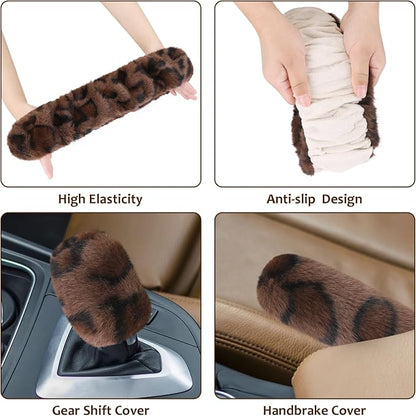 Accmor Fuzzy Car Steering Wheel Cover, Universal Fit Fur Auto Wheel Cover & Handbrake Cover & Gear Shift Cover Set, Fashion Leopard Fluffy Steering Wheel Protector Car Accessories for Men Women