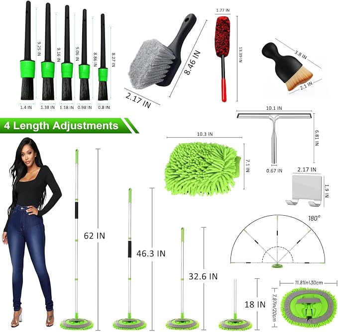 62" Car Wash Brush Kit 20Pcs - Chenille Microfiber Wash Mop Mitt Interior/Exterior Cleaning Detail Brush Wheel Brush Windshield Window Squeegee for Cars RV Truck Boat