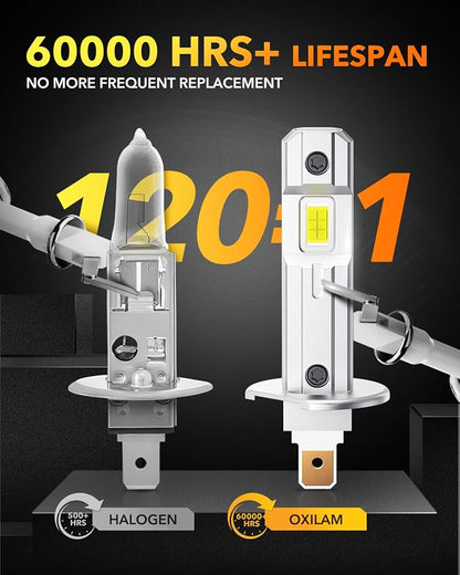 OXILAM H1 LED Light Bulb, 10X Brighter 6500K White, Anti-Flicker, 60,000Hrs Lifespan, Plug and Play, IP68, H1/H1LL Fog Compatible with Cars Trucks SUVs, Pack of 2