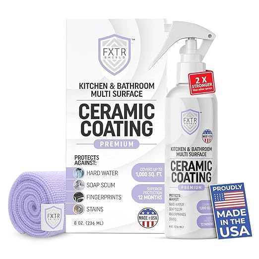 Fixture Shield Home Ceramic Coating Spray - SiO₂ Hydrophobic Protection for Kitchen & Bathrooms + Stainless Steel | Repels Fingerprints, Stains & Hard Water | Extra Strength Formula | Made in USA