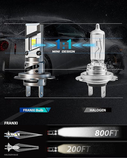 FRANXI H7 Bulbs, Super Bright Lights 6000K Cool White, 1:1 Size Design with Cooling Fan Accessory Light, Plug and Play, Pack of 2