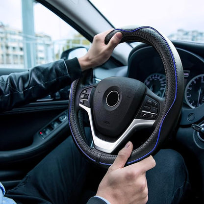 Rueesh Microfiber Leather Steering Wheel Cover Anti-Slip Matte Finish Auto Car Wheel Cover Universal 15 Inch Wheel Cover for Car Embossing Pattern Blue Line
