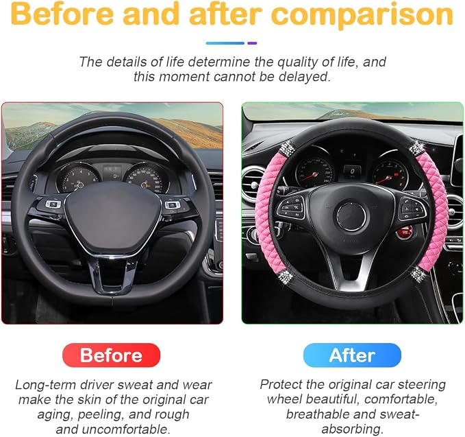 Osilly Bling Car Steering Wheel Cover, 15 Inch Rhinestones Soft Leather Elastic Steering Wheel Protector, Sparkly Crystal Diamond for Women Girls, Car Interior Accessories for Most Cars (Pink)