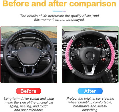 Osilly Bling Car Steering Wheel Cover, 15 Inch Rhinestones Soft Leather Elastic Steering Wheel Protector, Sparkly Crystal Diamond for Women Girls, Car Interior Accessories for Most Cars (Pink)