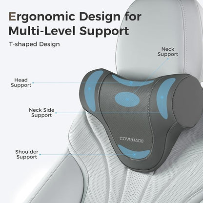 Coverado Car Headrest Pillow, Ergonomic Memory Foam Car Neck Pillow for Driving Seat with Adjustable Strap, Soft PU Leather Breathable Removable Cover Neck Support for Neck Pain Relief