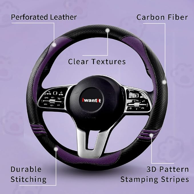Iwantit® Steering Wheel Covers with Leather and Anti-Slip Rubber Ring, Universal Fit 14.5-15 inches for Cars,SUV (Purple/Black)