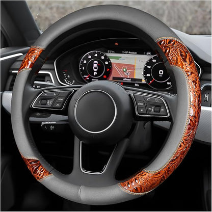 Leather Car Steering Wheel Cover, 15" Crocodile Pattern Anti Slip Car Wheel Wrap with Rose Grain, Four Seasons Universal Auto Steering Wheel Protector for Cars Trucks SUVs (Brown & Gray)