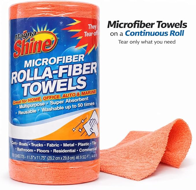 Rolla-Fiber Towels – Microfiber Washable Roll of Tearable Towels, Soft & Lint-Free, Reusable Up to 50 Washes – Like Paper Towels for Cleaning & Detailing