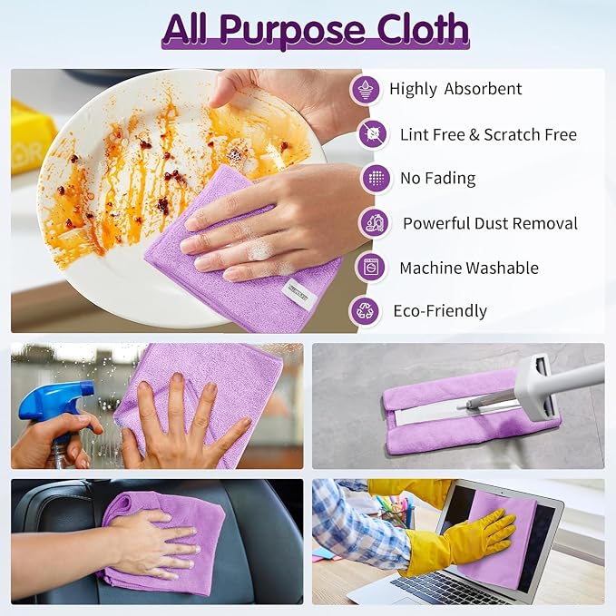 FIXSMITH Purple Microfiber Cleaning Cloth -Pack of 12, Highly Absorbent Cleaning Rags, 16"X12" All Purpose Cleaning Towels for Housekeeping, Kitchen, Car, Lint Free and Reusable Microfiber Towels