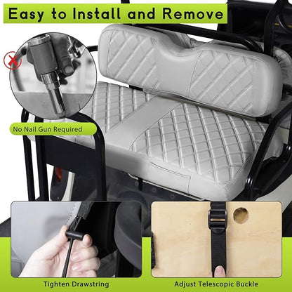 Full Set Golf Cart Seat Covers for EZGO RXV OEM, Grey | Front & Rear Set (2-Piece), Premium Vinyl Leather Replacement Standard Cushion Covers, No Tools Needed & Easy to Clean