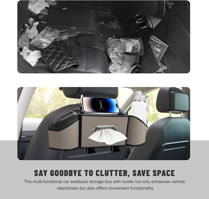 Car Backseat Organizer, 7-In-1 Multifunctional Car Headrest Storage Box with Hook Phone Holder & Cup Holder, Vehicle Hanging Seat Back Organizer for Hold Phone Snacks Drinks (Gray)