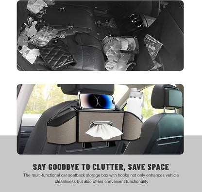 Car Backseat Organizer, 7-In-1 Multifunctional Car Headrest Storage Box with Hook Phone Holder & Cup Holder, Vehicle Hanging Seat Back Organizer for Hold Phone Snacks Drinks (Gray)