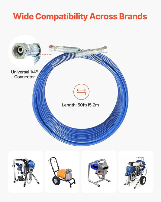 VEVOR 50ft Airless Paint Sprayer Hose, 1/4 in Universal Airless Paint Spray Hose, 4350 PSI High Pressure Flexible Airless Sprayer Hose, Multi-Layer Reinforced Steel Wire Braid Hose for Paint Sprayer