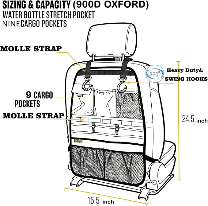 ECWKVN Car Seat Back Organizer, Heavy Duty Back Seat Organizer with Multiple Storage Pockets, Work Truck & SUV Seat Back Storage Bag for Tools, Tablet, Bottles & Essentials – Universal Fit