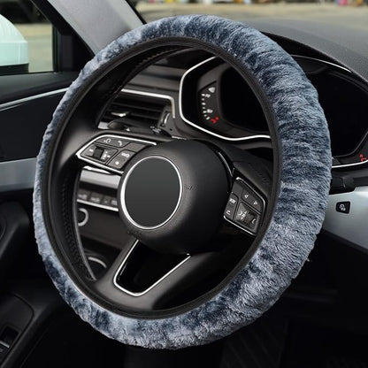 KAFEEK Elastic Long Microfiber Plush Steering Wheel Cover for Winter Warm, Universal 15 inch, Anti-Slip, Odorless, Gray